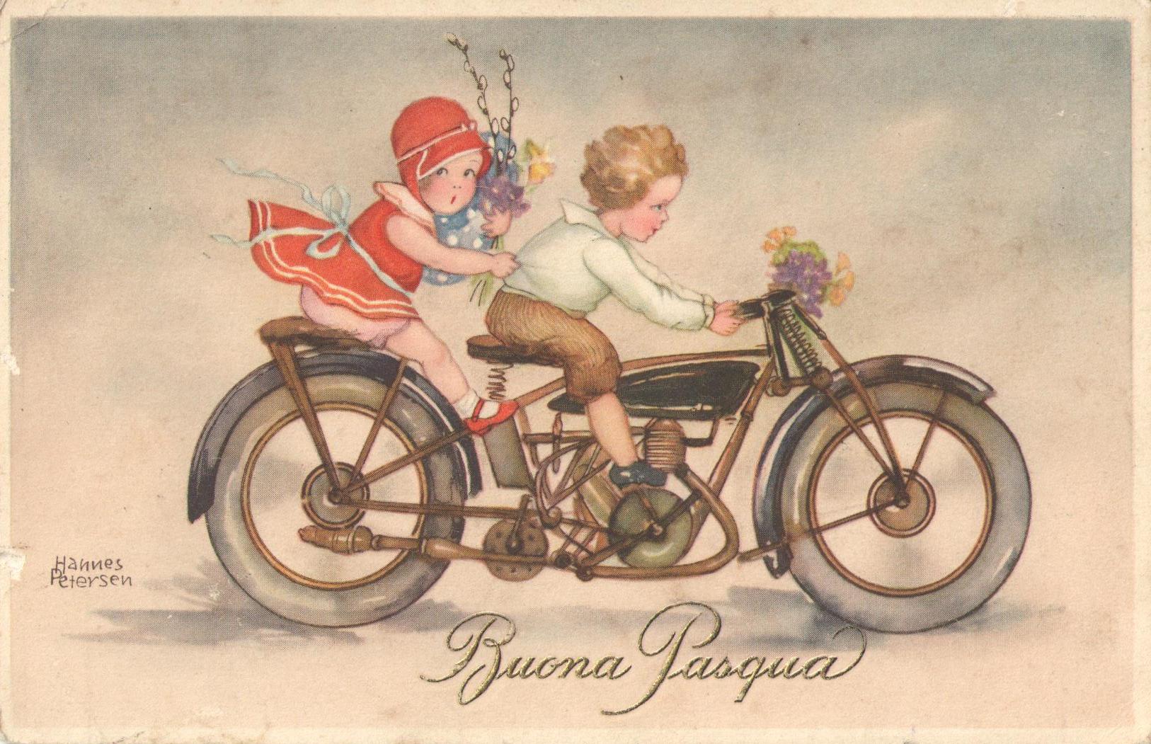 Disegno di bambino e bambina su una moto